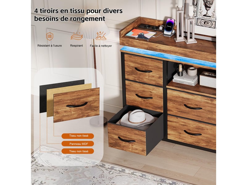  Commode 8 tiroirs - 108x30x82cm - meuble de rangement avec niche ouverte, bande led rgb réglable, style gamer - marron  - Conforama D
