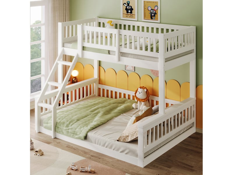  Lit superposé enfant 90x200 et 140x200 cm avec échelle et barrières, blanc  - Conforama D
