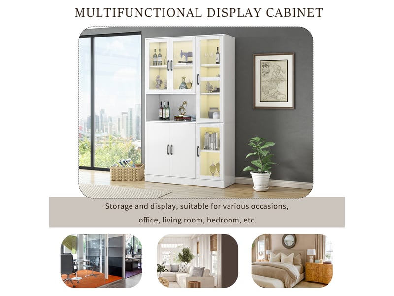 Vitrine avec 2 portes, 4 étagères réglables et led pour salon 120×40×200 cm en mdf blanc - Conforama C