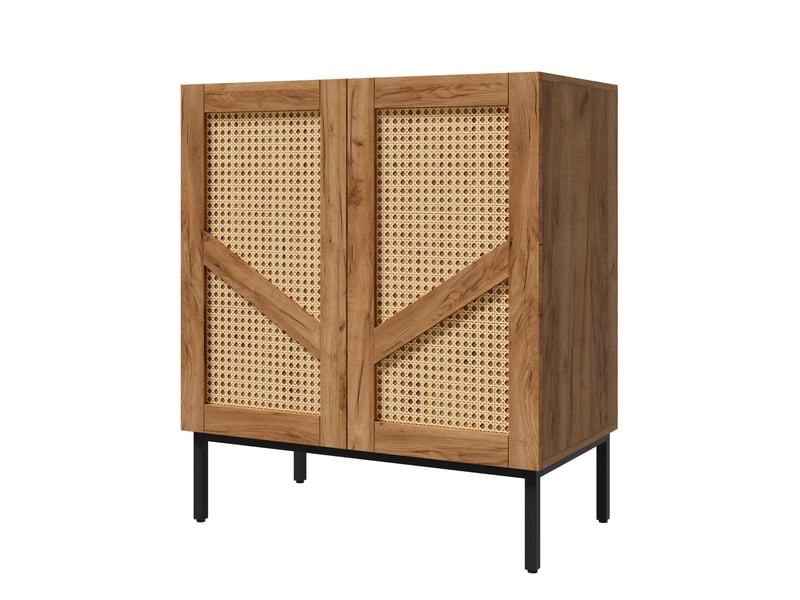  Buffet bas 70x38,5x80 cm avec 2 portes cannage rotin pe, étagères réglables, meuble de rangement en bois avec pieds métal - bois naturel  - Conforama A