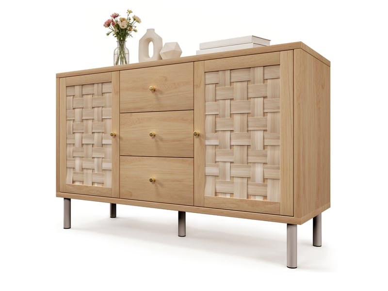  Buffet 2 portes 3 tiroirs en mdf et métal 120 cm coloris chêne  - Conforama A