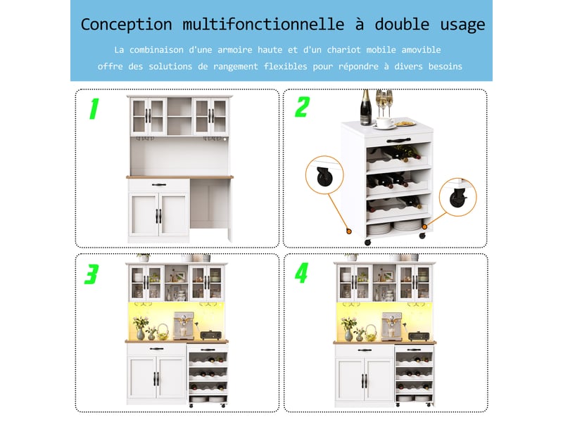  Buffet de cuisine 6 portes, 1 tiroir, led avec porte-verres et chariot a vin amovible - blanc, 140×38×180 cm  - Conforama E