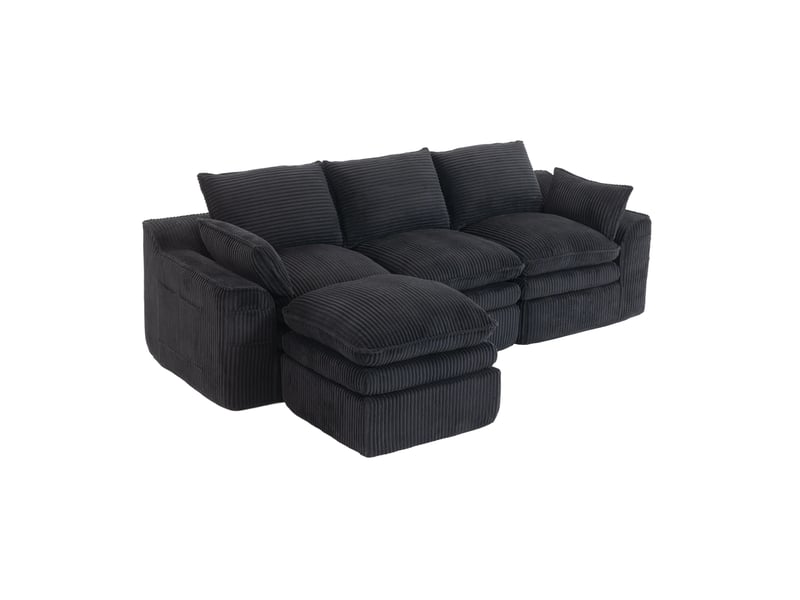 Canapé modulable 3 pl avec pouf 263x167x85 cm, coussins, poches de rangement latérales, adapté au salon, chambre, velours côtelé, noir - Conforama A