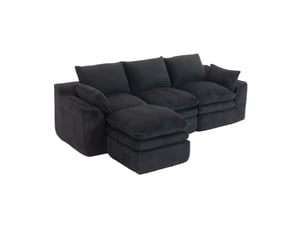Canapé modulable 3 pl avec pouf 263x167x85 cm, coussins, poches de rangement latérales, adapté au salon, chambre, velours côtelé, noir