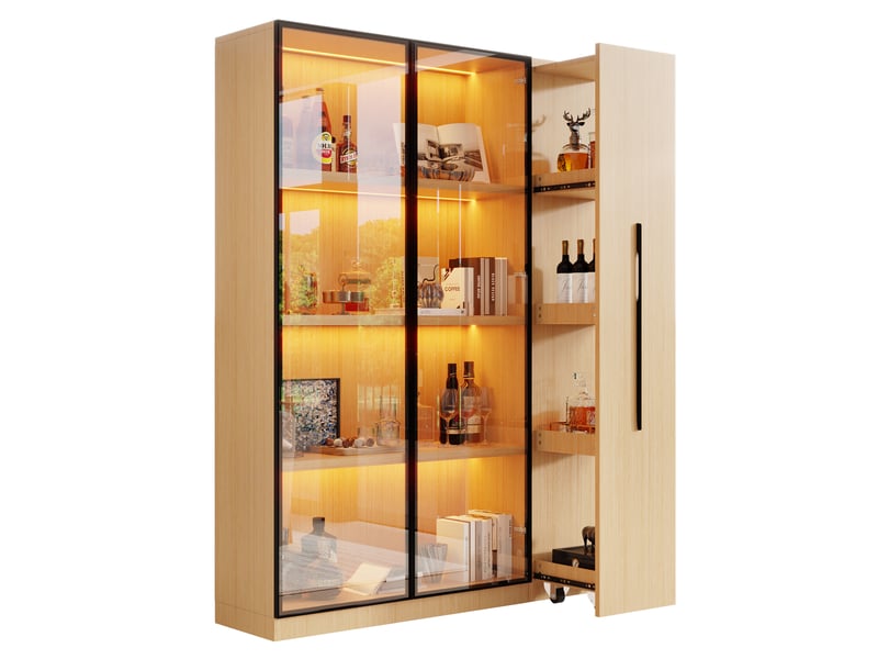  Vitrine bibliothèque led avec porte vitrée et rangement coulissant à roulettes pour salon, chêne, 110 × 35 × 160 cm  - Conforama A