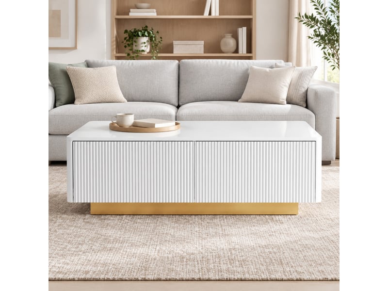  Table basse blanche 110 x 50 x 35 cm avec 2 tiroirs, façade rainurée, rangements ouverts, angles arrondis  - Conforama B