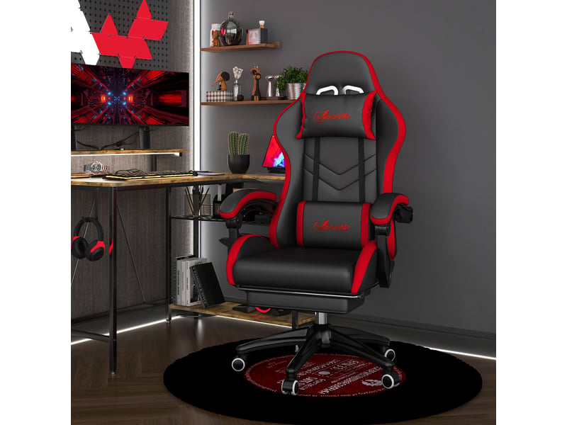  Fauteuil de jeu inclinable à 135° en similicuir avec appui-tête et repose-pieds, 65 x 65 x 121-129 cm, noir et rouge  - Conforama D