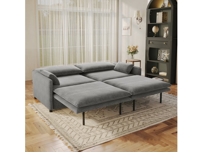  Canapé convertible 3 places avec coffre de rangement, dossier réglable et coussins mobiles en chenille gris clair  - Conforama D
