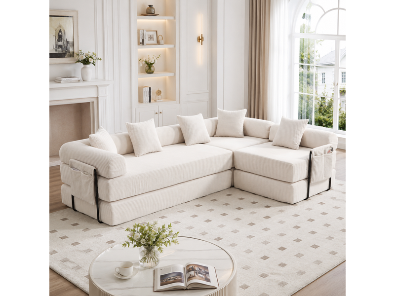  Canapé modulaire avec rangement 270x180x64 cm en velours côtelé beige, 3 places et modules séparables  - Conforama B