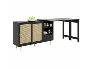 Table de bar pivotante 360° avec plateau extensible et rangement - portes en rotin, mdf noir