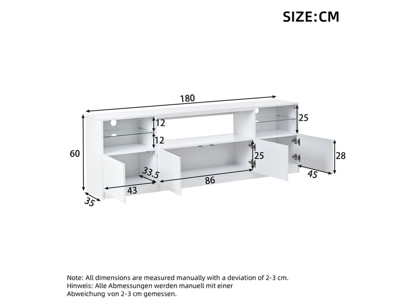  Meuble tv led 180x35x60 cm - meuble bas brillant avec 4 portes, 8 espaces de rangement ouverts, pour tv jusqu’à 75 pouces - blanc  - Conforama C