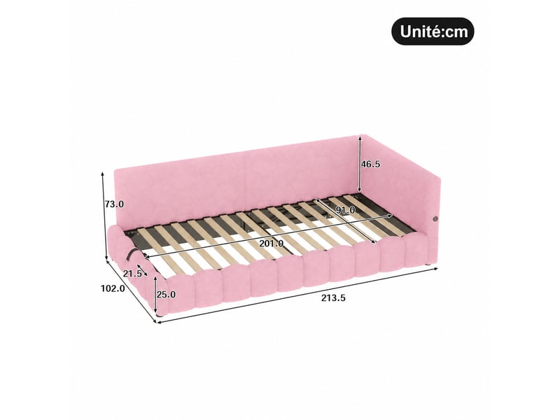  Méridienne lit de repos avec rangement hydraulique, sommier à lattes, éclairage et ports usb, en velours blanc et rose  - Conforama D