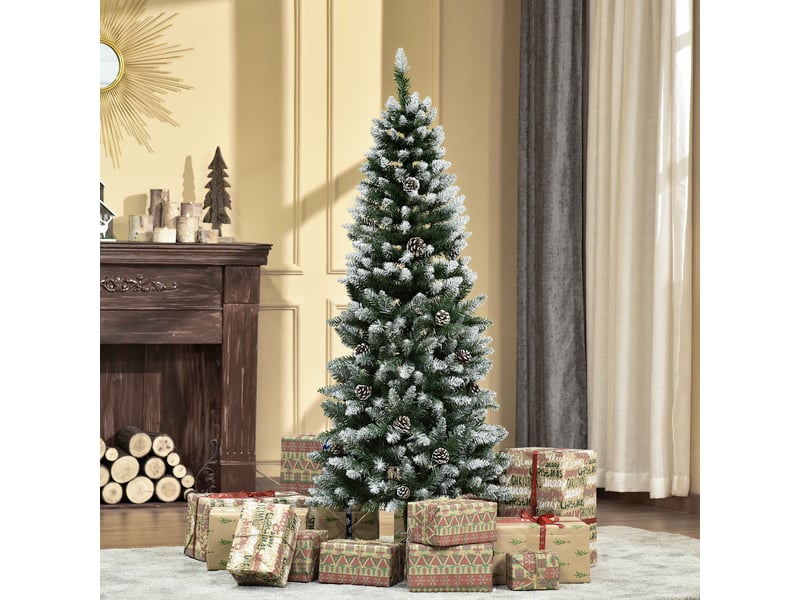  Sapin de noël vert et blanc effet enneigé de 150 cm avec 464 pointes et 28 pommes de pin (plastique et métal)  - Conforama C