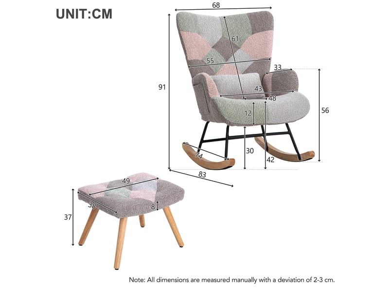  Fauteuil à bascule multicolore avec repose-pieds, cadre en bois d'hévéa, coussin inclus, 93 cm  - Conforama C