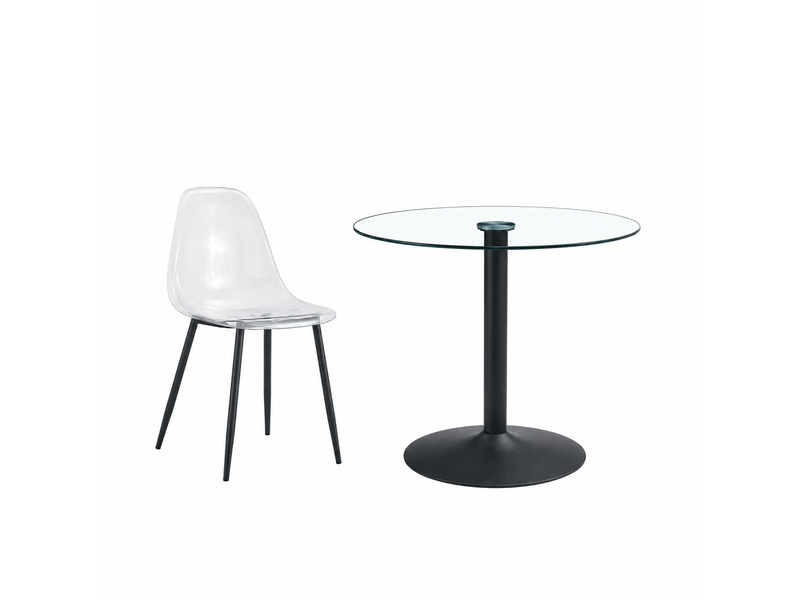  Ensemble table à manger ronde en verre trempé ø85 cm et 4 chaises transparentes en plastique – idéal cuisine  - Conforama A