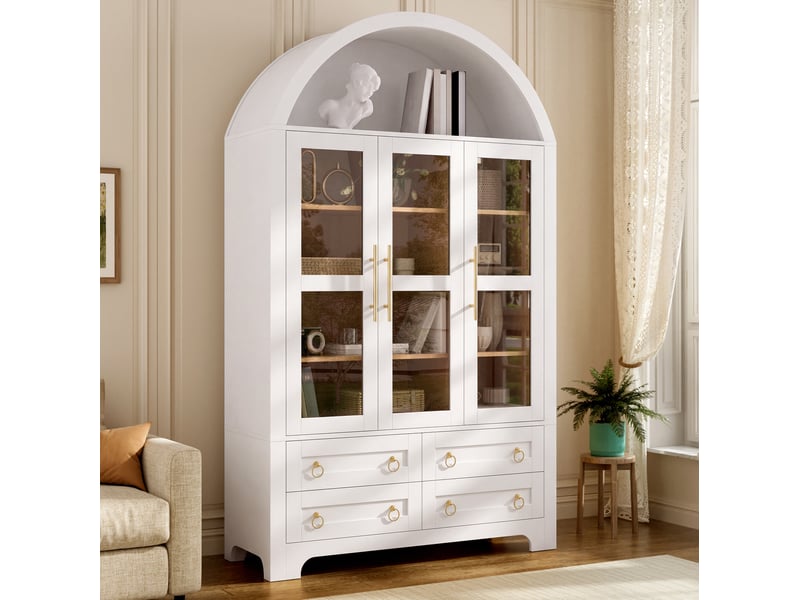  Buffet haut 3 portes vitrées, 4 tiroirs, niche ouverte en arc, rangement salon, mdf et panneau de particules blanc  - Conforama D