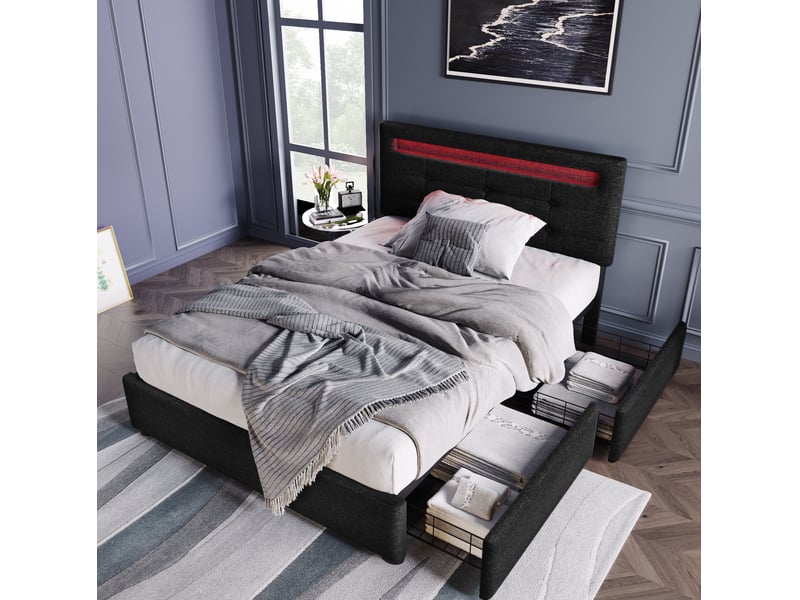  Lit simple 90x200 cm avec led et 2 tiroirs, tête de lit réglable, noir  - Conforama D