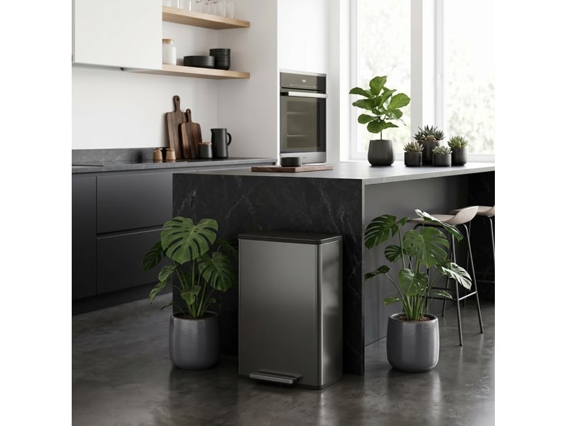  Poubelle de cuisine 45 litres - seau à déchets avec pédale, couvercle à fermeture douce, bac intérieur amovible et acier inoxydable brossé noir  - Conforama D