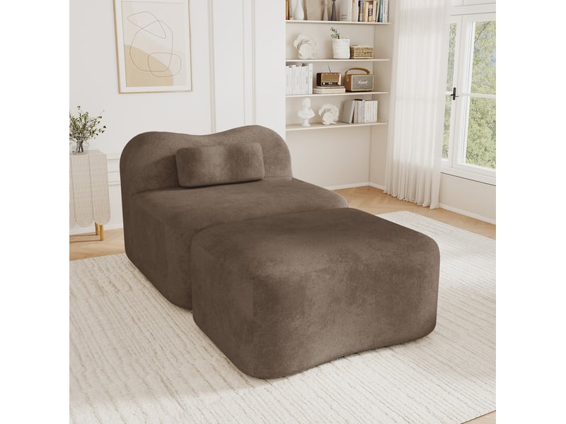  Canapé modulable 1 place modenvie avec pouf, design ondulé, coussin de dossier mobile, mousse haute densité 32d, velours marron, 96 x 167 x 70 cm  - Conforama D