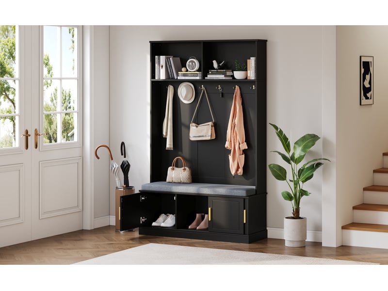  Porte-manteau, vestiaire, portant, avec banc à chaussures, crochets, noir-panneaux de particules RN Store - Conforama D