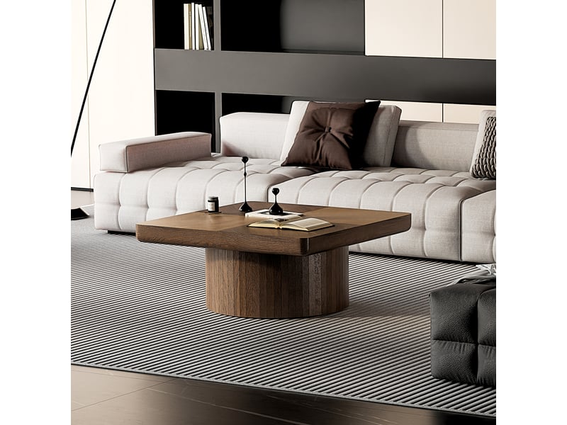  Table basse carrée à plateau parqueté et pied cylindrique pour salon en bois massif et mdf 78 cm noyer  - Conforama D