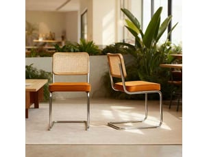 Lot de 4 chaises de salle à manger en velours orange, rotin tressé et acier chromé
