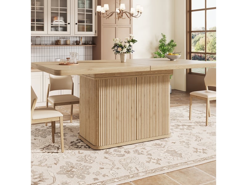 Table de salle à manger extensible avec rangement caché et plateau rabattable, décor bois clair 140 × 80 × 76,5 cm - Conforama D