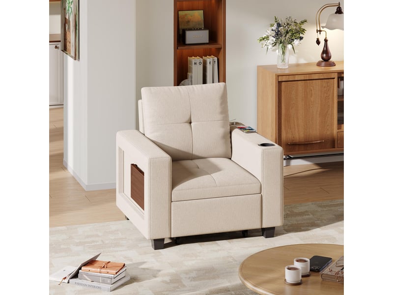  Fauteuil convertible 3-en-1 multifonction 90 x 78 x 90 cm - avec prise usb et tablette pliante –  chenille - beige  - Conforama B