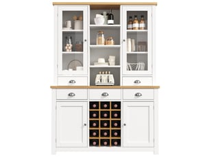 Armoire de cuisine blanche 185cm, buffet haut avec porte en verre, 5 tiroirs, range-bouteilles amovible