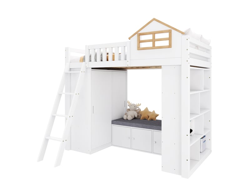 Lit mezzanine enfant 90 x 200 cm blanc et naturel avec armoire, étagères et banquette de rangement - Conforama A
