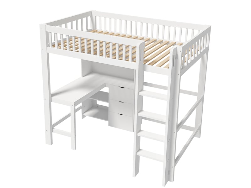 Lit mezzanine 90x200cm avec compartiments de rangement, échelle, bureau, 3 tiroirs, pin, blanc, sans matelas - Conforama E