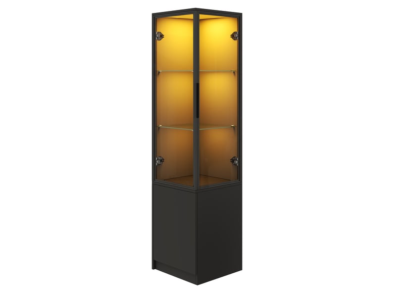  Vitrine d'angle led avec rangements fermés et portes vitrées, en panneau de particules noir, 40 × 40 × 160 cm  - Conforama A
