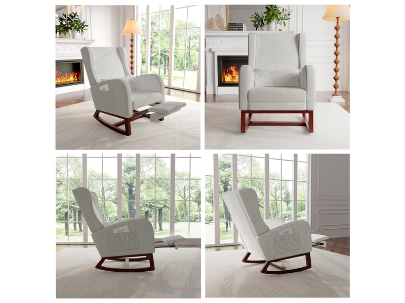  Fauteuil à bascule en tissu gris avec repose-pieds - 67 x 64 x 99 cm-gris - chaise berçante ergonomique avec poches latérales et coussin  - Conforama E
