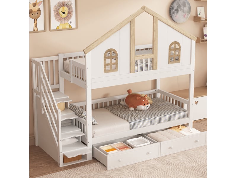  Lit superposé enfant 90 x 200 cm avec fenêtres, escalier de rangement et 2 tiroirs, blanc et naturel  - Conforama B