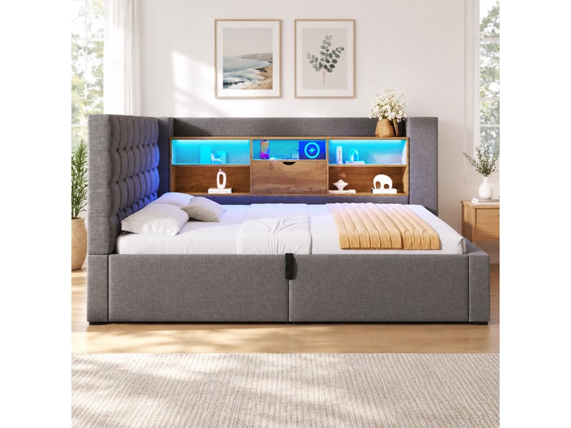 Lit coffre 90x190 cm éclairage led et ports de charge en lin gris - Conforama D