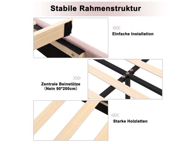  Lit enfant 90x200 cm avec tête de lit réglable en hauteur, cadre de lit avec sommier à lattes en bois, lit simple, rose  - Conforama R