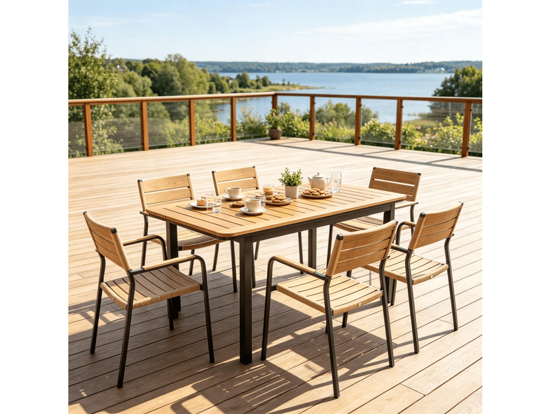Table de jardin rectangulaire 127 x 70 x 75 cm – marron – plateau rainuré pour 6 personnes et structure métal - Conforama B