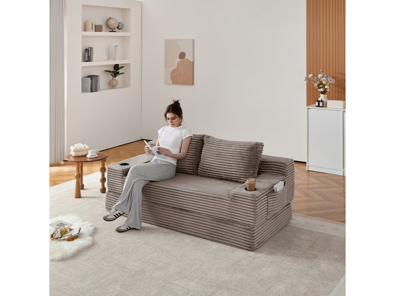  Canapé-lit convertible 2-en-1 en velours côtelé, avec 2 coussins, porte-gobelets intégrés et poches de rangement latérales - marron  - Conforama E