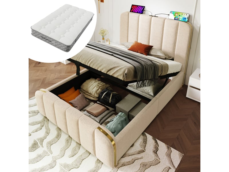  Lit coffre, lit enfant 90x200 cm, usbusb-c, matelas inclus, lin beige  - Conforama A