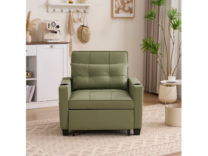  Fauteuil-lit 3-en-1 extensible avec dossier réglable, porte-gobelets et port usb en bois et métal vert avocat  - Conforama D