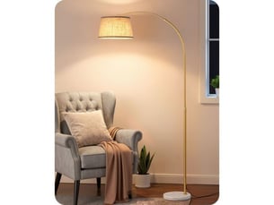 Lampadaire arc reglable or, abat-jour tissu beige, hauteur et tete ajustables, led e27 dimmable, commande a distance et pedal