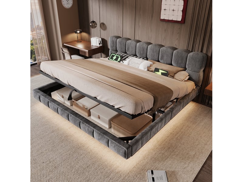  Lit coffre 180x200 cm led bois gris sans matelas  - Conforama C
