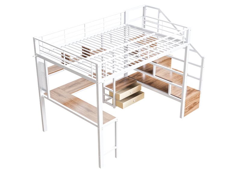  Lit mezzanine 140x200 cm métal blanc avec led, bureau, tiroirs et rangements  - Conforama D