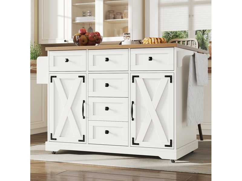  Îlot de cuisine mobile pliant 147 x 70 cm, desserte en mdf et métal blanc  - Conforama D