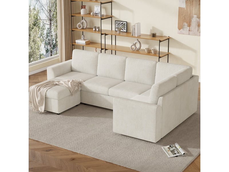 Canapé d’angle modulable 6 places beige en velours côtelé, canapé en l avec pouf amovible, mousse haute densité, grand format pour salon - Conforama D