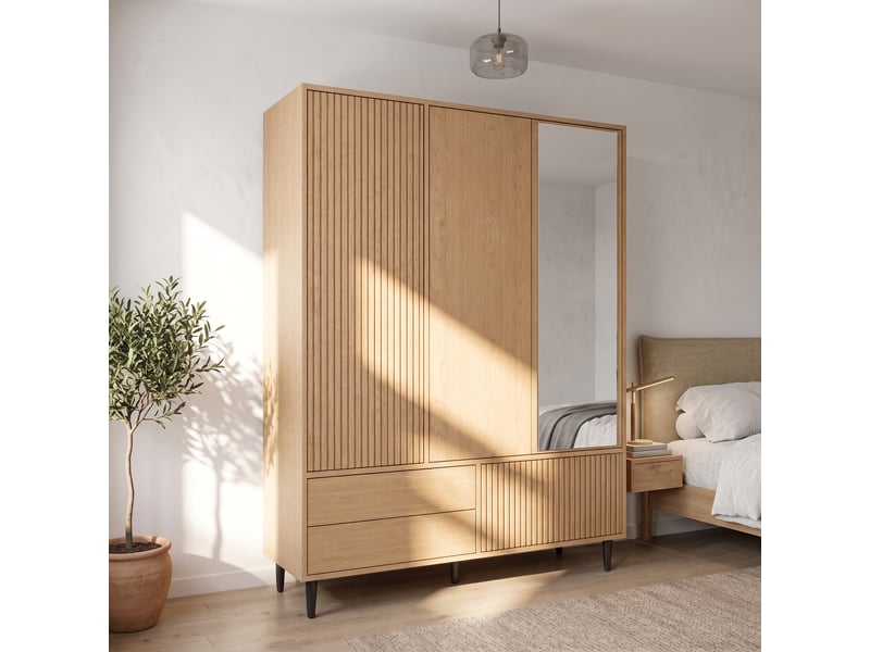  Armoire 200 x 135 x 45 cm avec miroir, 3 portes, 1 penderie, 4 compartiments et 3 tiroirs, grand meuble de rangement moderne pour chambre - finition effet chêne OPULERANE TRADING LTD - Conforama E