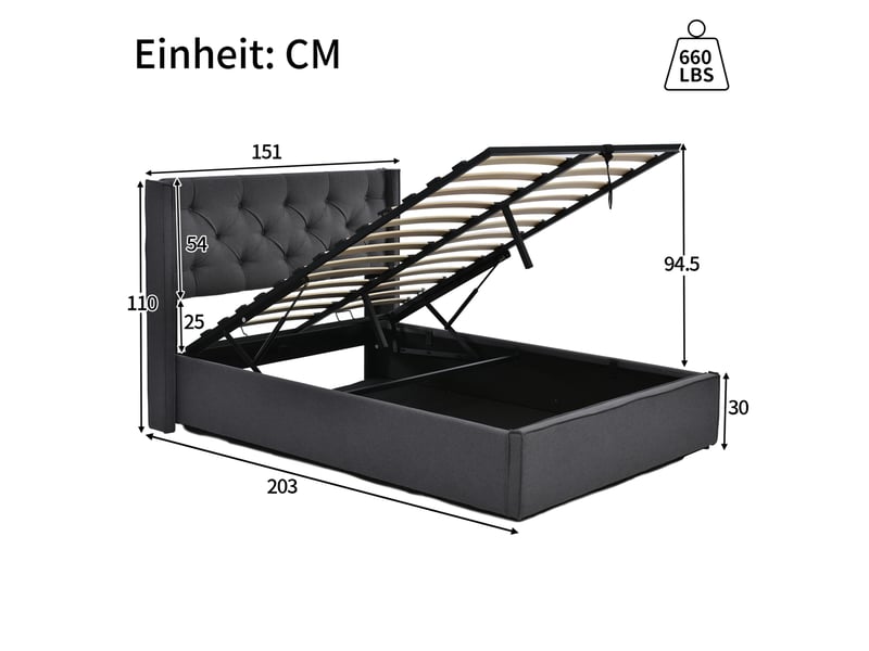  Lit double rembourré hydraulique 140 x 200 cm gris avec rangement  - Conforama E
