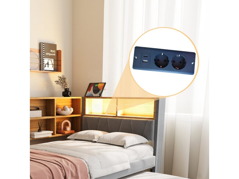  Lit gigogne 90×200 cm, avec lumières led, prises et nombreux rangements, lit capitonné, flanelle, gris foncé  - Conforama E