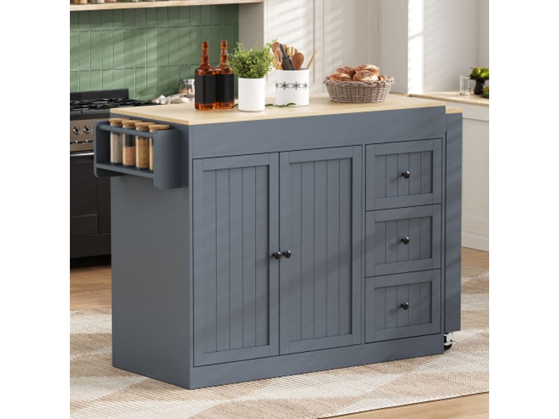  Îlot de cuisine mobile avec plateau extensible et 3 tiroirs, gris, 112-186,8x45x93 cm  - Conforama D