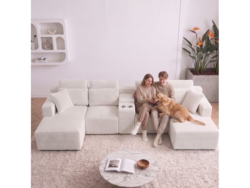  Canapé d'angle modulaire en u 373x151x81 cm compressé avec porte-gobelets, pour salon, mousse, velours côtelé, blanc  - Conforama B